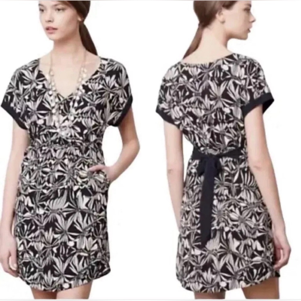 Anthropologie Postmark Gathered Sonata Black/Tan Mini Dress Size M